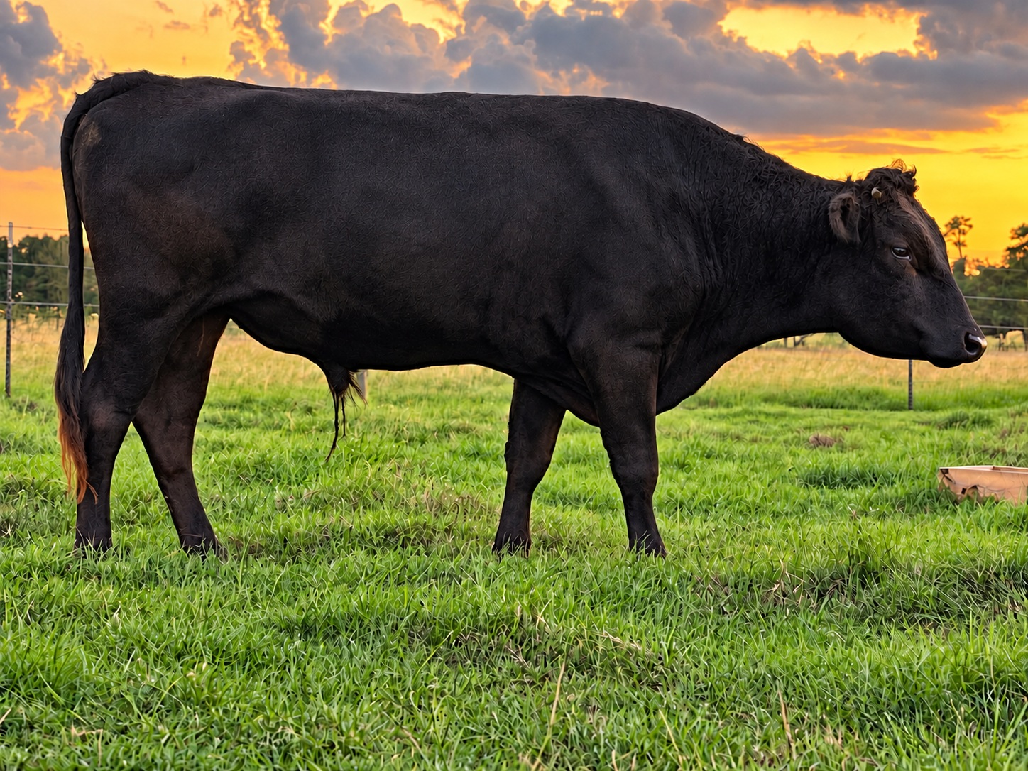 Black cattle standing in a green pasture at sunset
