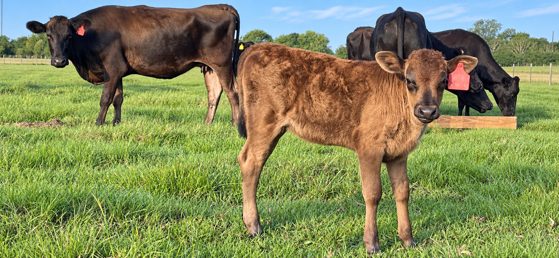 A brown calf and cattle standing in a green pasture at Homeplace Harvest.