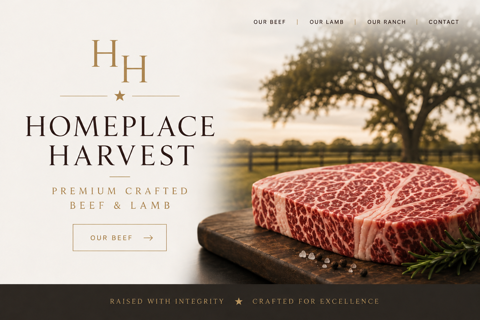 Homeplace Harvest — Premium Crafted Beef & Lamb, with a marbled Wagyu steak against a ranch backdrop.