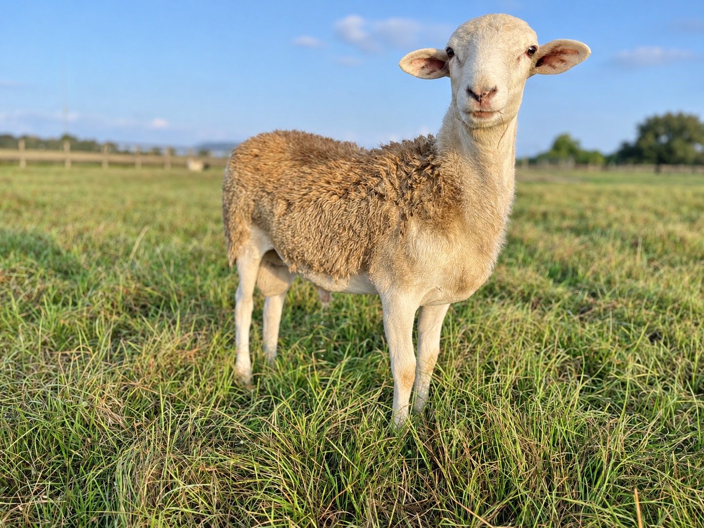 A sheep standing in a sunlit pasture at Homeplace Harvest.